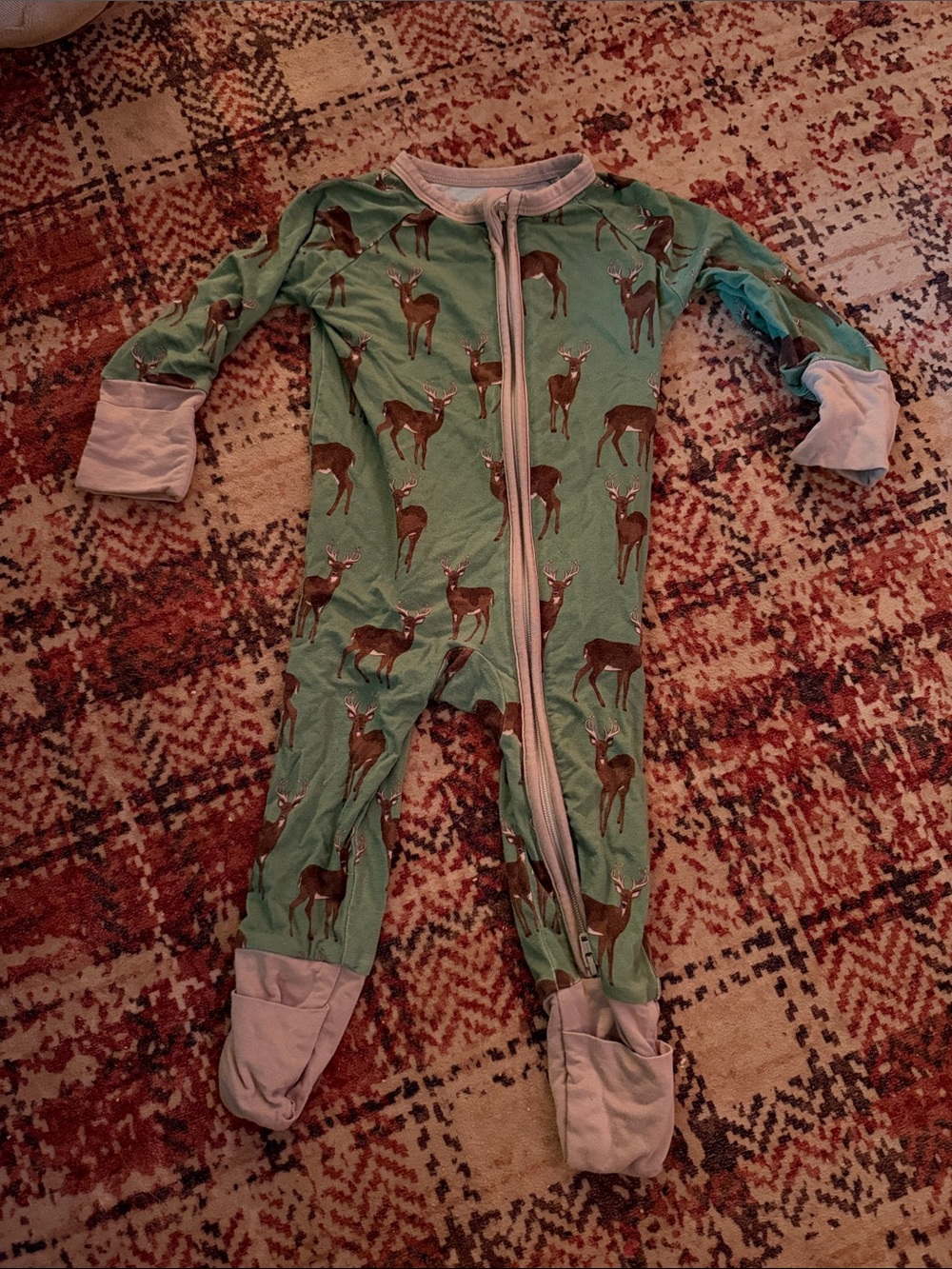Green Deer Print Footed Pajamas for Kids with Zip Closure